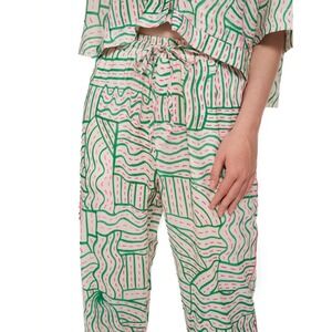 Zara Womens Green Pink Abstract Print Linen Blend Straight Leg Pants High Rise
